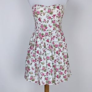 Strapless White and Pink Floral Mini Dress